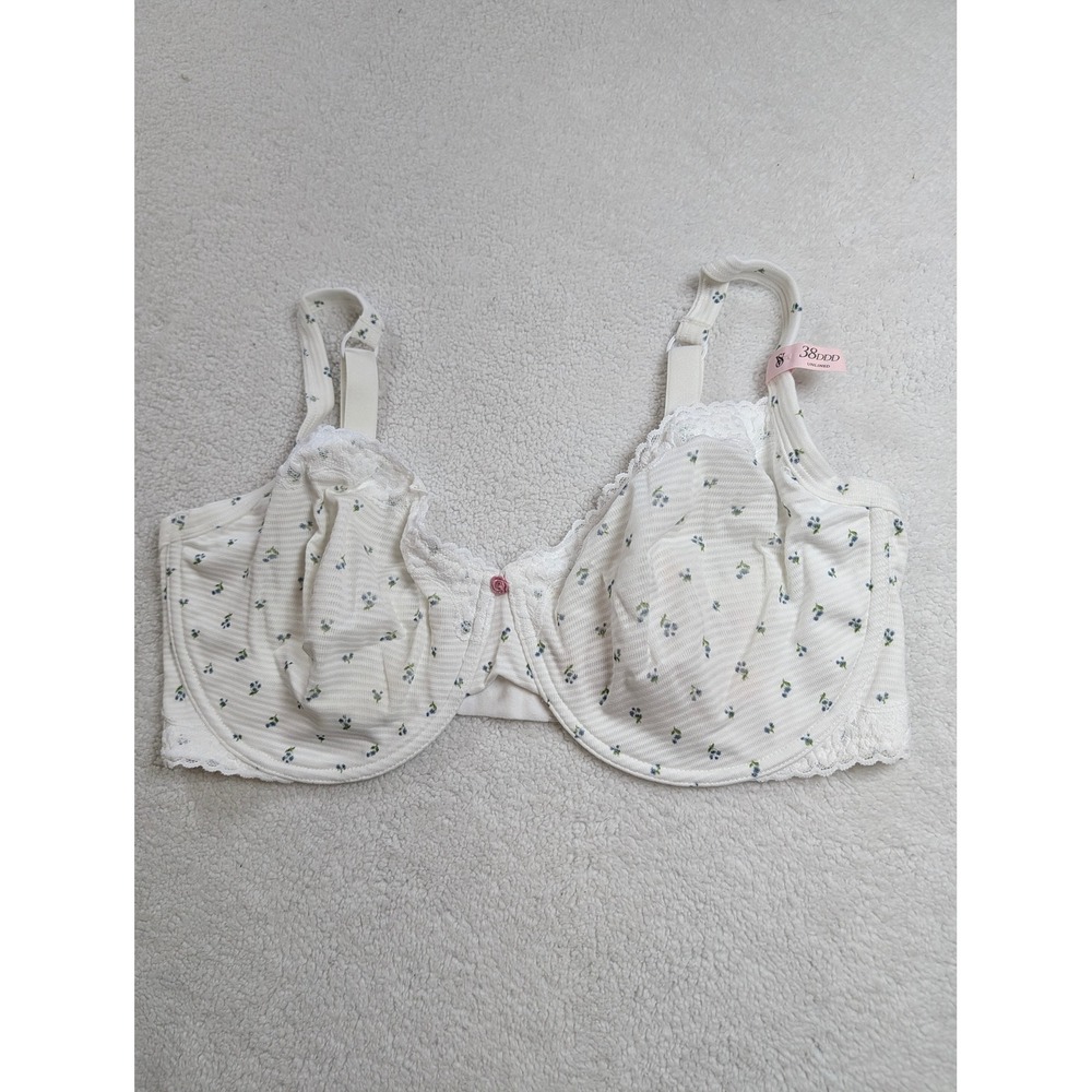 Victorias Secret White Blue Floral Ribbed Unlined Underwire Bra 38DDD NEW